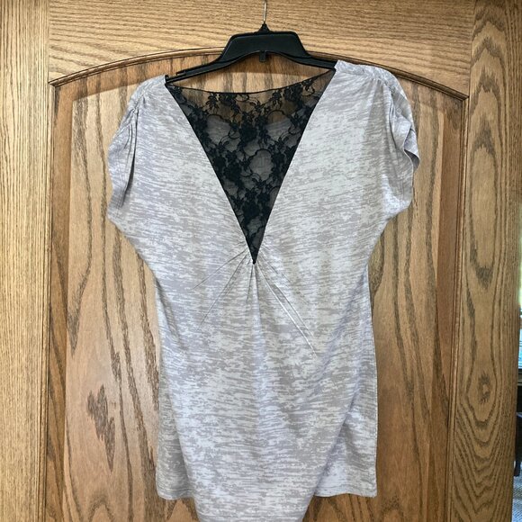 Daytrip Overlay Top, Gray/Grey with Purple &Turquoise Floral, Black Lace Back - Picture 2 of 6